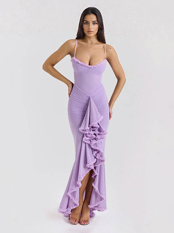 パープル フリルフロントパーティーガウンロングスリップドレス（レディース）2025