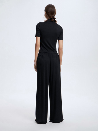 モダール素材のツーピースコーデセット クルーネック 半袖トップス＆ワイドレッグパンツ レディース 2025