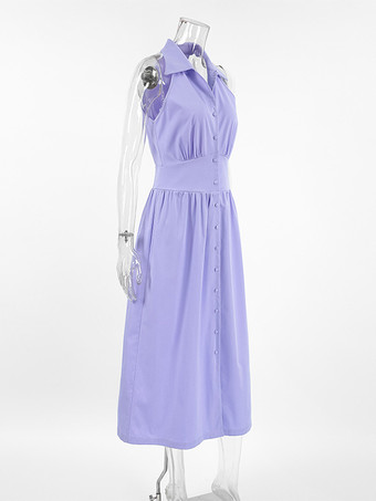 ノースリーブミディドレス ボタンダウンシャツカラー サマードレス レディース 2025