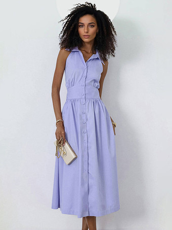 ラベンダーカラーノースリーブミディドレス ボタンダウンシャツカラー サマードレス レディース 2025