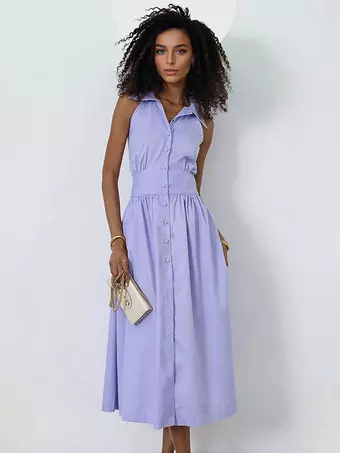 Sleeveless Midi Dress Button-Down Shirt Collar Summer Dress For Women 2026