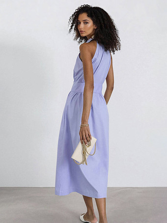 ノースリーブミディドレス ボタンダウンシャツカラー サマードレス レディース 2025