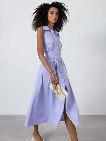 ノースリーブミディドレス ボタンダウンシャツカラー サマードレス レディース 2025