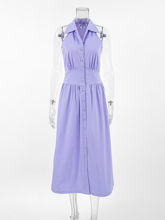 ノースリーブミディドレス ボタンダウンシャツカラー サマードレス レディース 2025