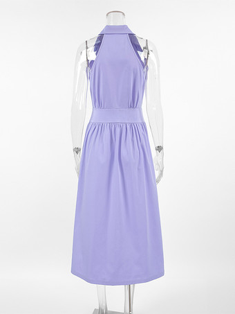 ノースリーブミディドレス ボタンダウンシャツカラー サマードレス レディース 2025