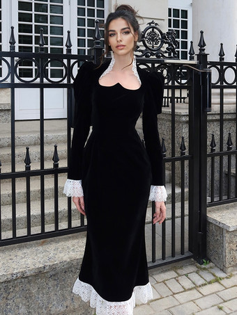 エレガントなブラックベルベットドレス（レースディテール付き）長袖春ロングドレス（レディース）2025