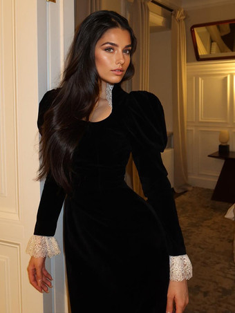 エレガントなブラックベルベットドレス（レースディテール付き）長袖春ロングドレス（レディース）2025