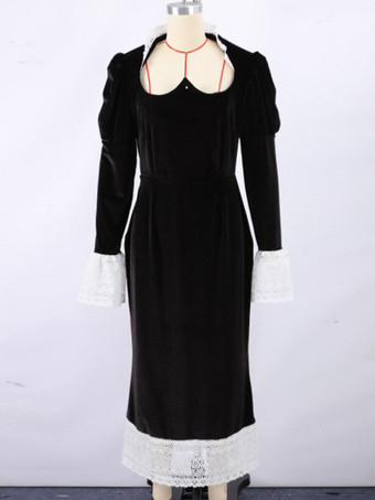 エレガントなブラックベルベットドレス（レースディテール付き）長袖春ロングドレス（レディース）2025