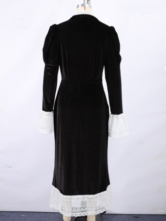 エレガントなブラックベルベットドレス（レースディテール付き）長袖春ロングドレス（レディース）2025