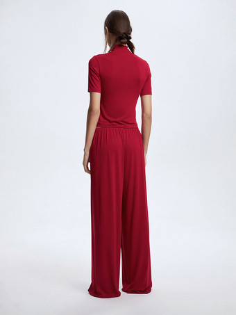 モダール素材のツーピースコーデセット クルーネック 半袖トップス＆ワイドレッグパンツ レディース 2025