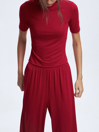 モダール素材のツーピースコーデセット クルーネック 半袖トップス＆ワイドレッグパンツ レディース 2025