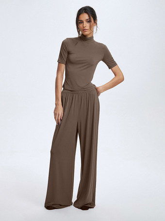 ラクダ色 モダール素材のツーピースコーデセット クルーネック 半袖トップス＆ワイドレッグパンツ レディース 2025