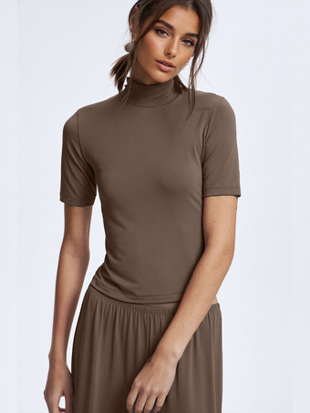 モダール素材のツーピースコーデセット クルーネック 半袖トップス＆ワイドレッグパンツ レディース 2025