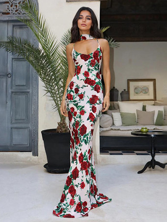 ホワイト スカーフ付きフローラルマキシドレス ボディコン パーティー スリップドレス レディース 2025