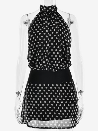 ドット柄ミニドレス ホルターネック バックレス サマードレス レディース 2025