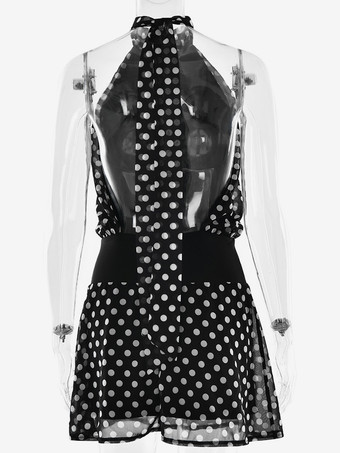 ドット柄ミニドレス ホルターネック バックレス サマードレス レディース 2025