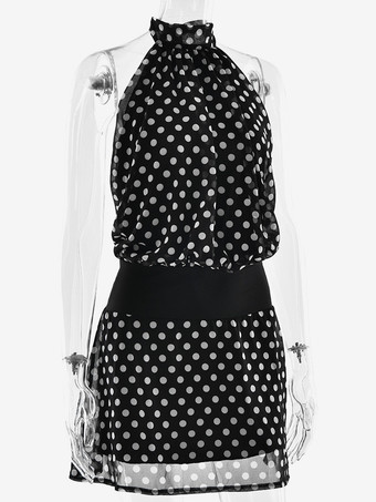 ドット柄ミニドレス ホルターネック バックレス サマードレス レディース 2025