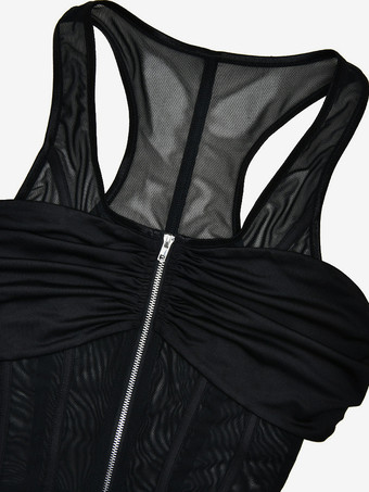 深めのVネックとウエストタイが付いたノースリーブの透け感のあるボディコンミニドレス（レディース 2025）