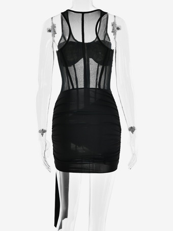 深めのVネックとウエストタイが付いたノースリーブの透け感のあるボディコンミニドレス（レディース 2025）