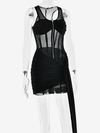 深めのVネックとウエストタイが付いたノースリーブの透け感のあるボディコンミニドレス（レディース 2025）