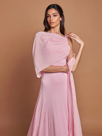 2026年レディース向け、ふんわりケープレット付きソフトピンクのマキシパーティードレス