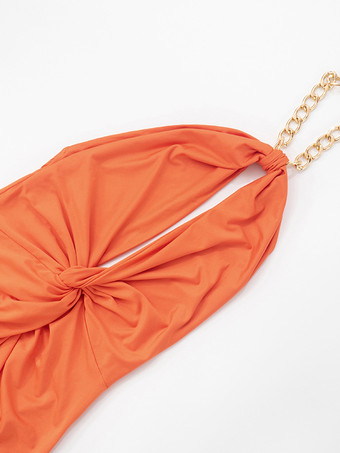 オレンジのホルターネックロングドレス（ハイスリット＆ウエストノット付き）2025