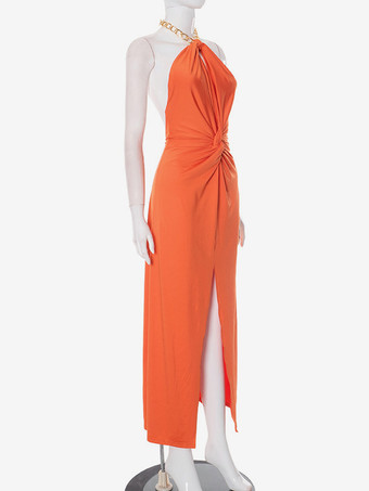 オレンジのホルターネックロングドレス（ハイスリット＆ウエストノット付き）2025