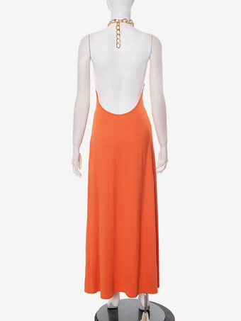 オレンジのホルターネックロングドレス（ハイスリット＆ウエストノット付き）2025