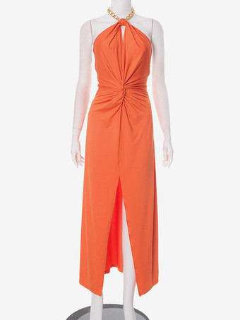 オレンジのホルターネックロングドレス（ハイスリット＆ウエストノット付き）2025