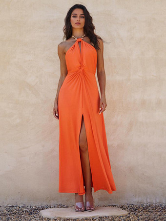 オレンジオレンジのホルターネックロングドレス（ハイスリット＆ウエストノット付き）2025