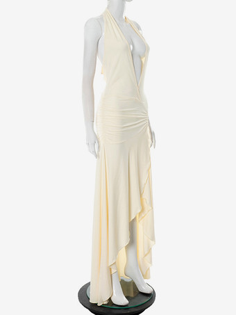 深めのVネック マキシ丈 パーティードレス ホルターネック スリットドレス 2025