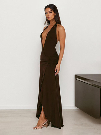 深めのVネック マキシ丈 パーティードレス ホルターネック スリットドレス 2025