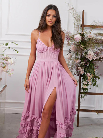 ピンクのレイヤードフリルマキシパーティードレス ハイスリットストラップドレス 2025