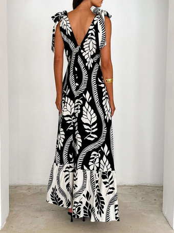 プリント柄Vネックタイショルダーストラップマキシドレス（レディース）2025