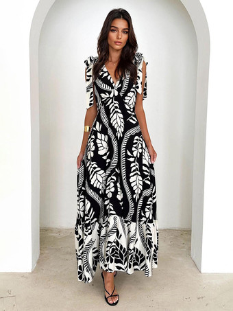 ブラック プリント柄Vネックタイショルダーストラップマキシドレス（レディース）2025