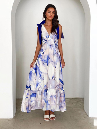 プリント柄Vネックタイショルダーストラップマキシドレス（レディース）2025