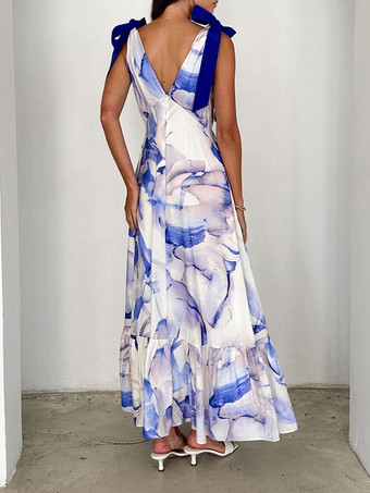 プリント柄Vネックタイショルダーストラップマキシドレス（レディース）2025