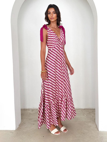 プリント柄Vネックタイショルダーストラップマキシドレス（レディース）2025