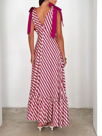 プリント柄Vネックタイショルダーストラップマキシドレス（レディース）2025