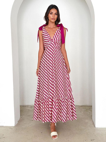 レッド プリント柄Vネックタイショルダーストラップマキシドレス（レディース）2025