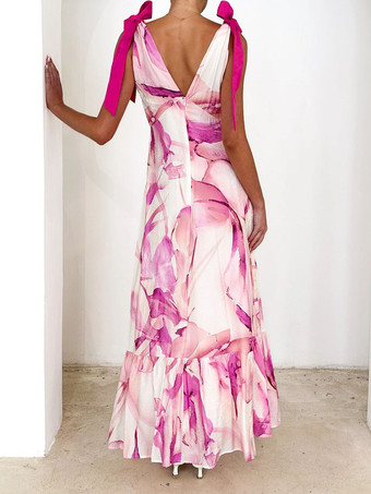 プリント柄Vネックタイショルダーストラップマキシドレス（レディース）2025