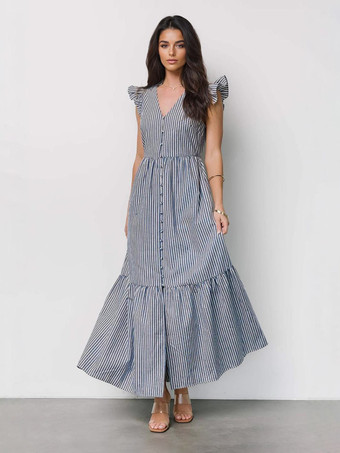 ブルー ストライプ柄フリルスリーブVネックマキシドレス 2025