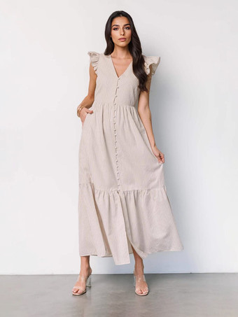 ストライプ柄フリルスリーブVネックマキシドレス 2025