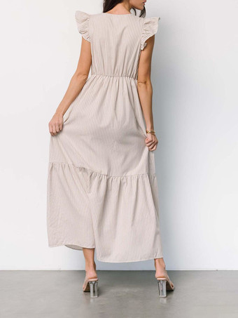 ストライプ柄フリルスリーブVネックマキシドレス 2025