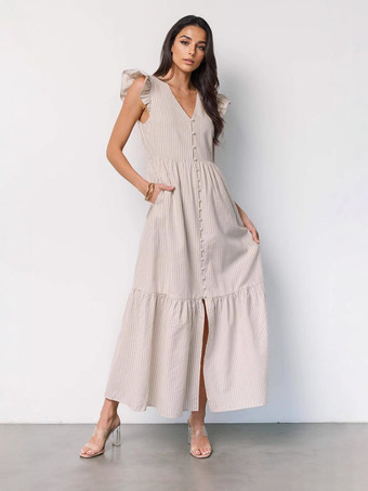 アイボリー ストライプ柄フリルスリーブVネックマキシドレス 2025