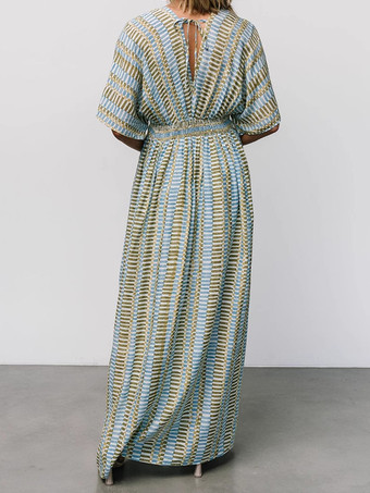 ストライプ柄Vネックマキシドレス（半袖、サイドスリット入り）2026