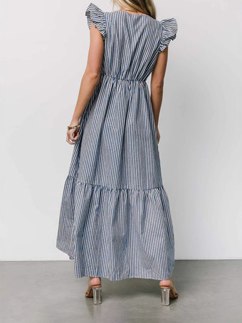 ストライプ柄フリルスリーブVネックマキシドレス 2025