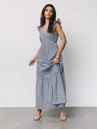 ストライプ柄フリルスリーブVネックマキシドレス 2025