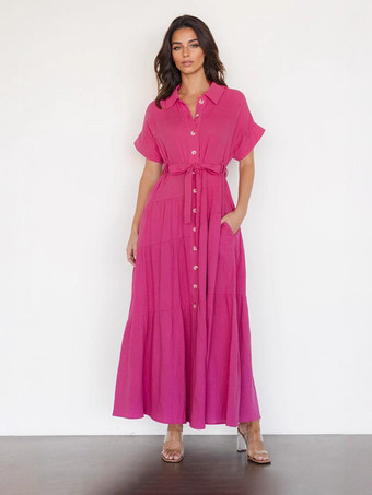 ローズレッド半袖シャツカラーレイヤードマキシドレス（ベルト付き）2025