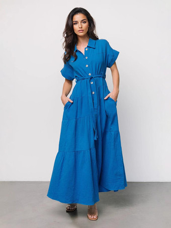 ブルー 半袖シャツカラーレイヤードマキシドレス（ベルト付き）2025